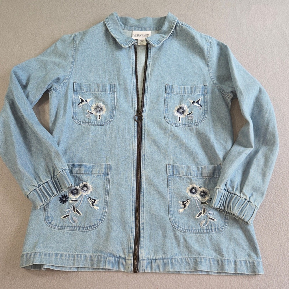 Country Store Denim Jacket Women S Light Blue Floral Embroidered Zip Up Chore